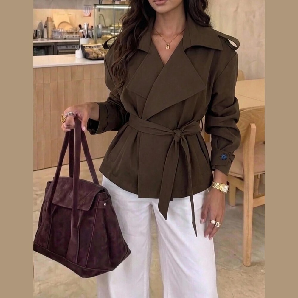 Espresso Brown Belted Trench Jacket with Waterfall Lapel Collar
